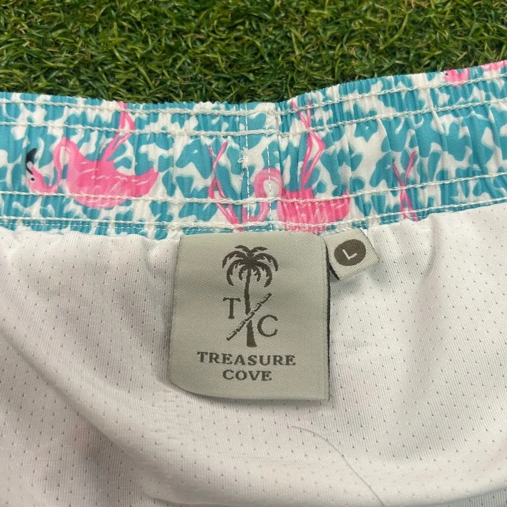 Treasure Cove Mens Pink Flamingo Teal Leaf Swim Trunks Board Shorts Large